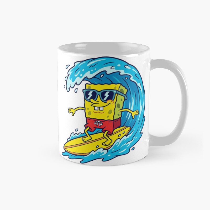 Cute Sponge Bob In Sunglasses Water Surfing Gamer Stickers And T Shirts Mug